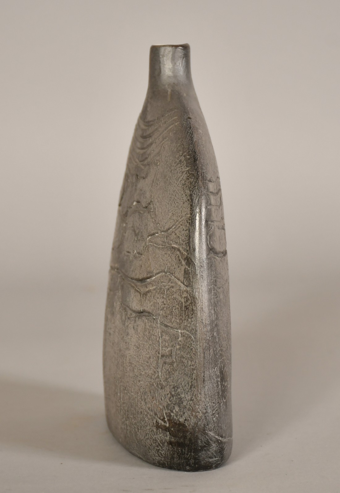 A studio pottery flattened vase with a textured metallic style finish, 7" (18cm) high. - Image 3 of 4