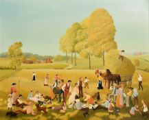 Pamella Cornell (1928-1987), 'Haymaking', oil on canvas, signed, also inscribe and dated 1978 verso,