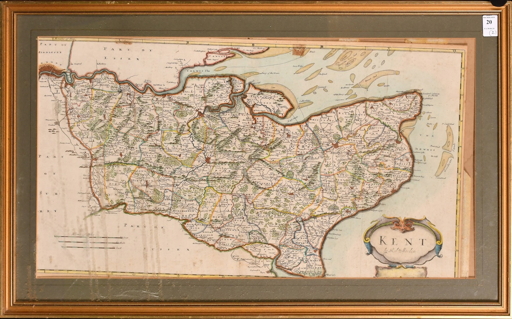 Robert Morden, a map of Kent, etching later hand coloured, 13.75" x 25" (35 x 63.5cm), along with an - Image 2 of 5