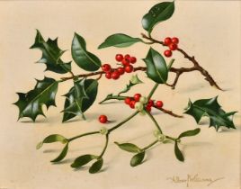 Albert Williams, a still life study of a sprig of holly and mistletoe, oil on board, 7.5" x 9.5" (19