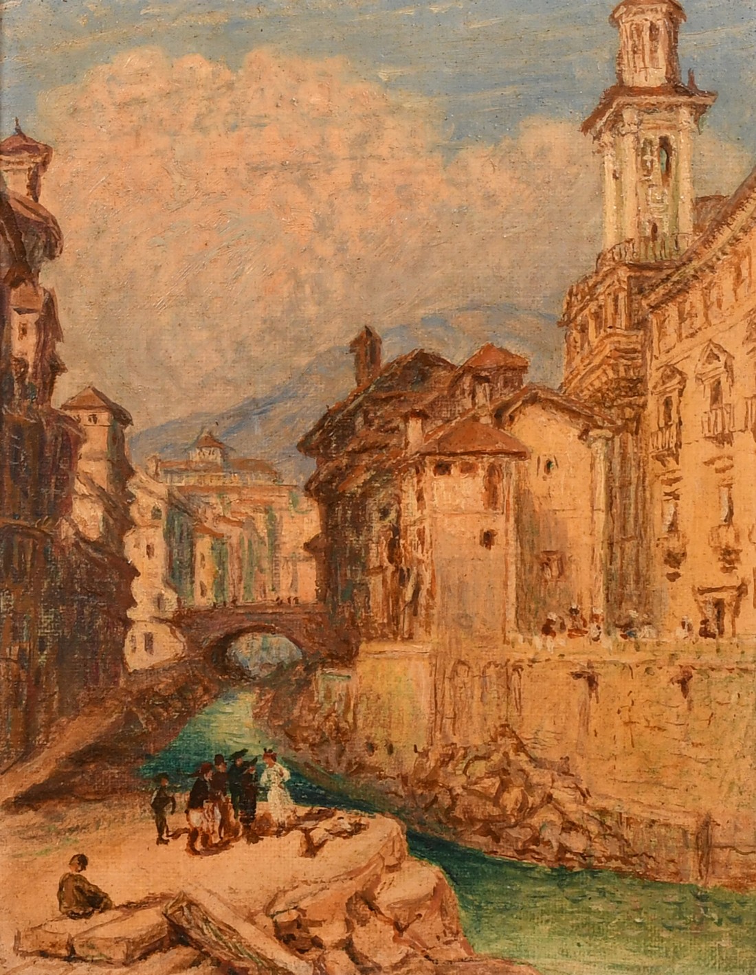 19th Century, a view of figures by a river in an Italian town, oil on board, 7" x 5.5" (18 x 14cm).