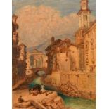 19th Century, a view of figures by a river in an Italian town, oil on board, 7" x 5.5" (18 x 14cm).