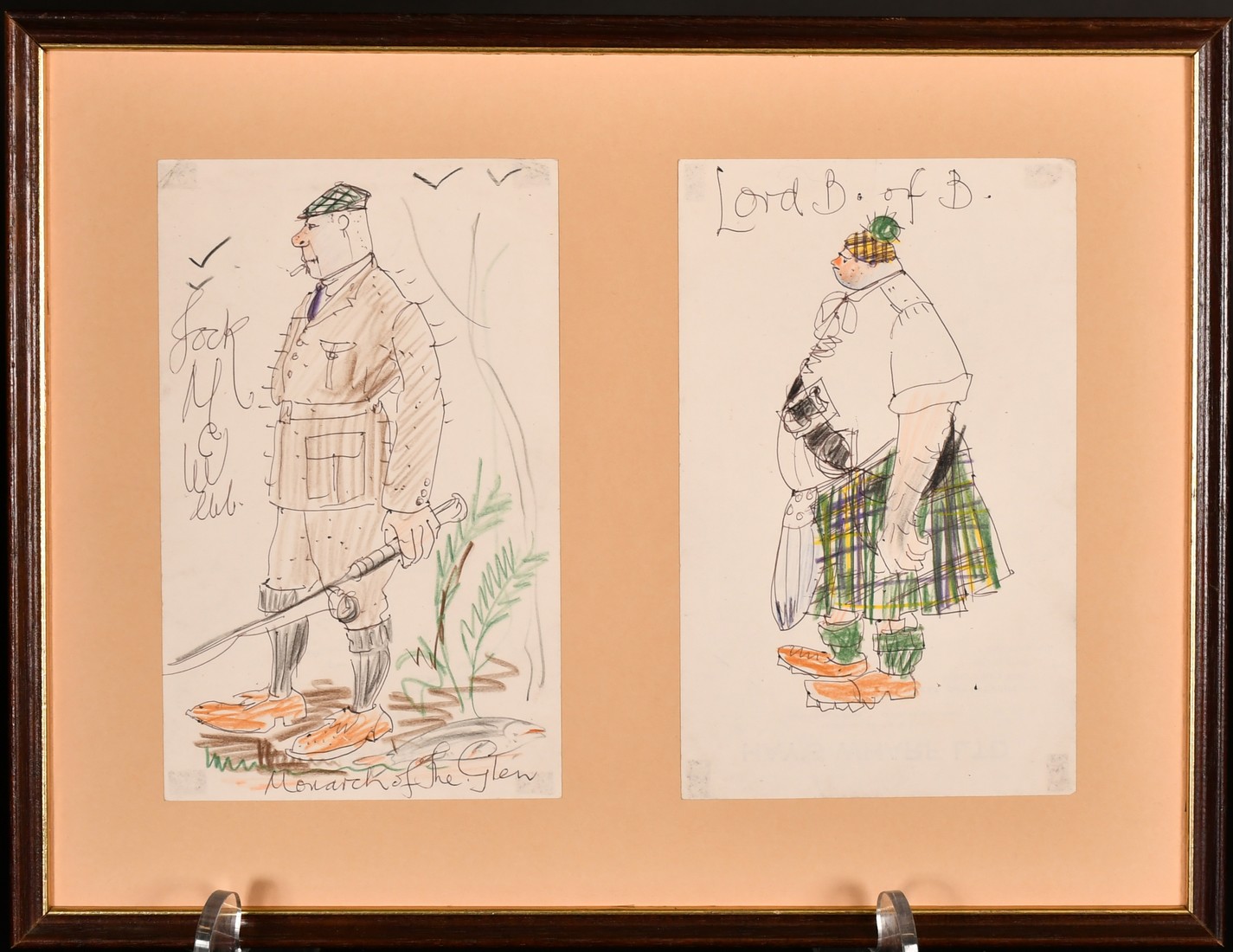 Circle of Alisdair Loon Hilleary, Cartoons of Scotsmen, ink and coloured crayons, two on a common - Image 2 of 3