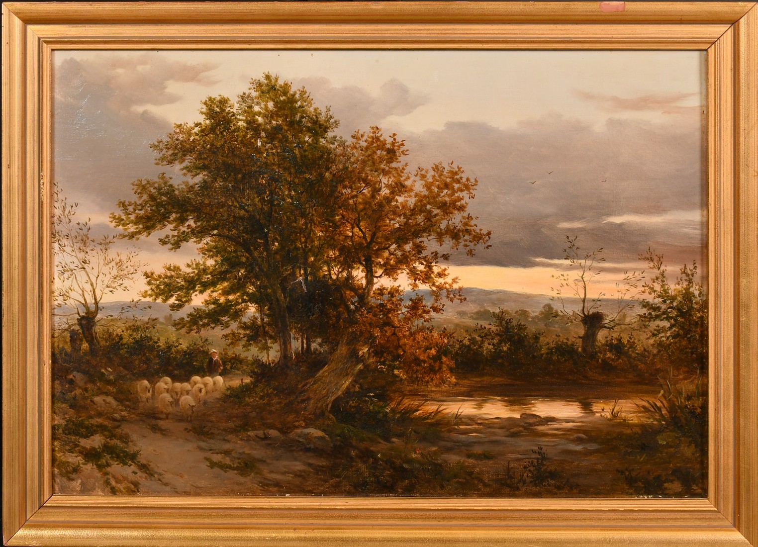 Henry Chaplin (19th Century), a shepherd and his flock on a lakeside path at dusk, oil on canvas, - Image 2 of 4