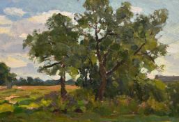 Alexandr Gusarevich (1908-1970), mature trees in a landscape, oil on board, signed and dated 50, 11"