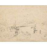 English School, Circa 1868, a pencil study of figures on a barge at Firepool Lock, Taunton,