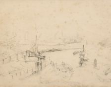 English School, Circa 1868, a pencil study of figures on a barge at Firepool Lock, Taunton,