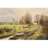 Mervyn Goode, a country track with an extensive landscape beyond, oil on canvas, signed, inscribed