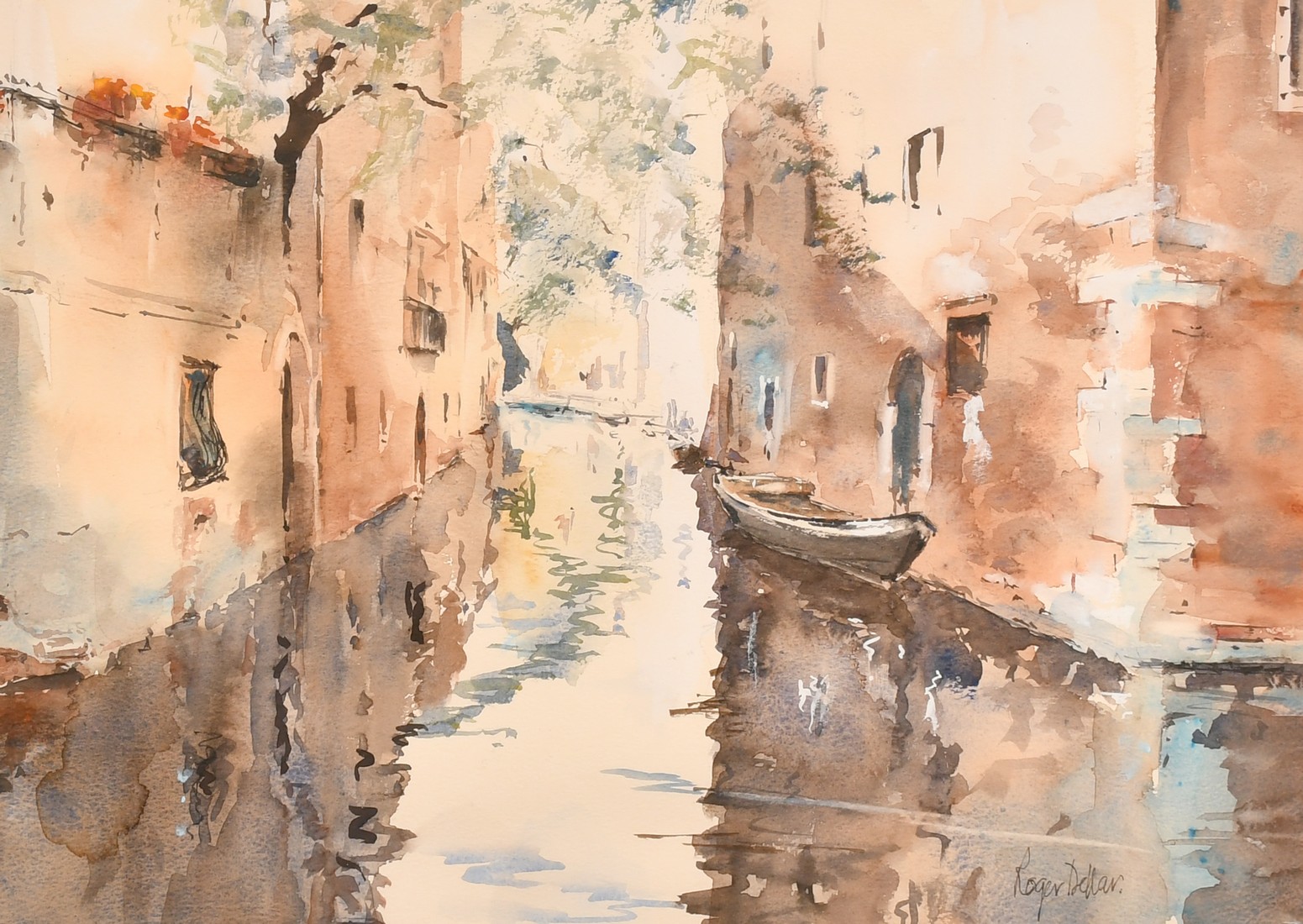 Roger Dellar, a canal scene, watercolour, signed, 13" x 17.5" (33 x 44.5cm).