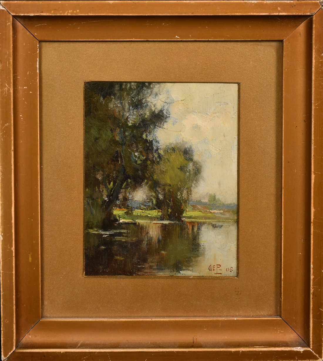 Circa 1905, a pair of landscape scenes, morning and dusk, oil on board, signed with initials O.E.P., - Image 2 of 5