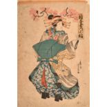 Utamaro, Yoshikazu, and one other, Japanese Woodcuts, a collection of three prints featuring