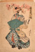 Utamaro, Yoshikazu, and one other, Japanese Woodcuts, a collection of three prints featuring