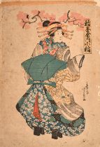 Utamaro, Yoshikazu, and one other, Japanese Woodcuts, a collection of three prints featuring