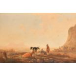 19th Century, figures and cattle in an extensive landscape, watercolour, 13.5" x 20" (34 x 51cm).