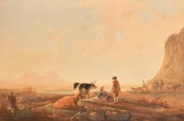 19th Century, figures and cattle in an extensive landscape, watercolour, 13.5" x 20" (34 x 51cm).