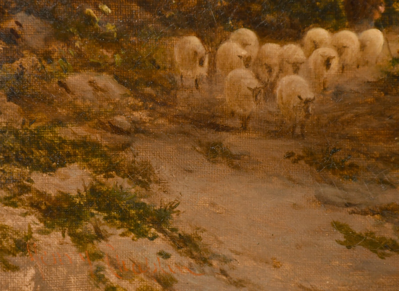Henry Chaplin (19th Century), a shepherd and his flock on a lakeside path at dusk, oil on canvas, - Image 3 of 4