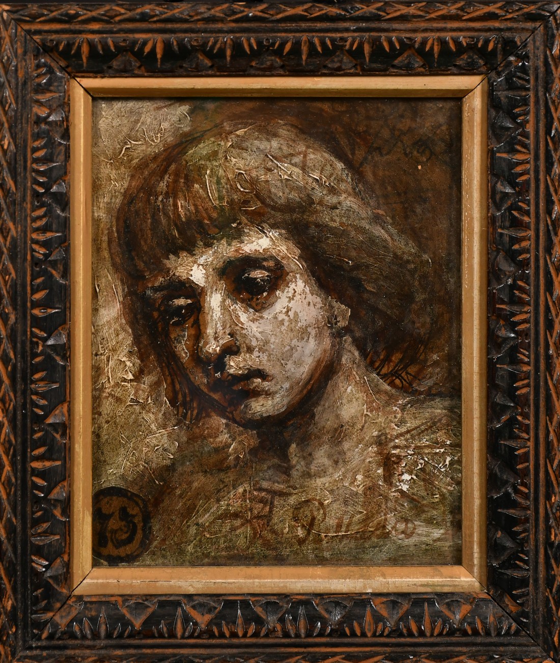 A head study of a young figure, oil possibly over a print base, signed A. Palladio, 6.25" x 5" (15 x - Image 2 of 3