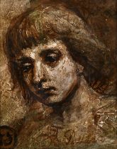 A head study of a young figure, oil possibly over a print base, signed A. Palladio, 6.25" x 5" (15 x