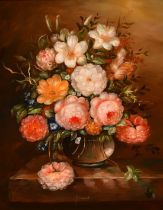 P. Gabriel (20th Century), a still life study of mixed flowers in a glass vase, oil on panel,