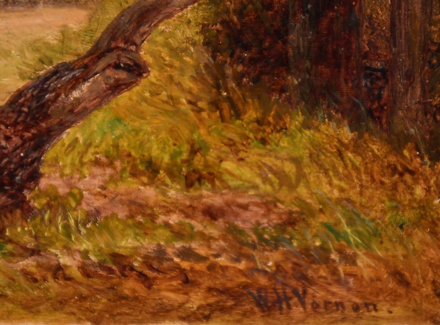 Walter Vernon (Late 19th Century), figures resting on a log, oil on board, signed, 6" x 9" (15 x - Image 3 of 4