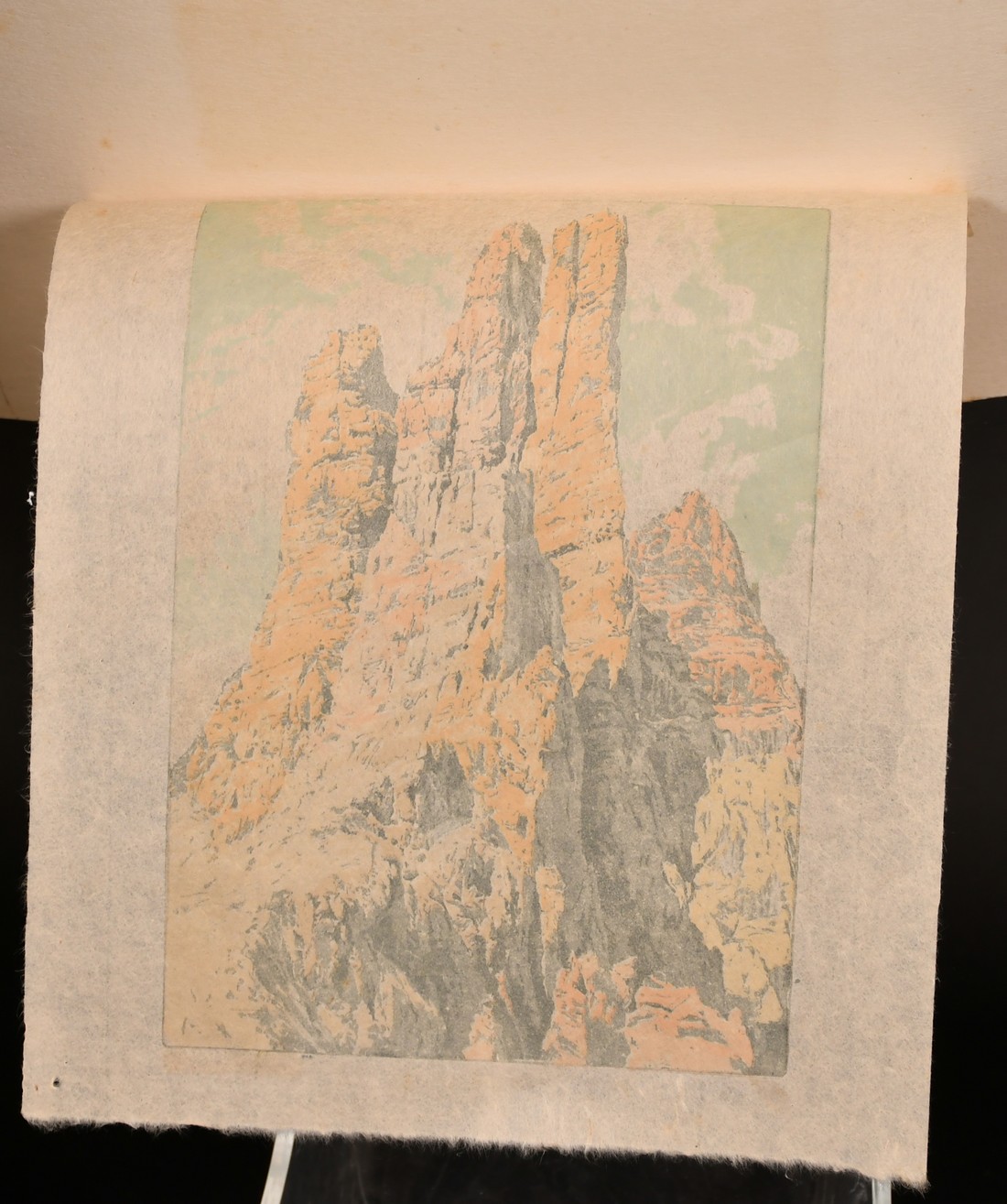 Hans Figura, A Peak in the Dolomites, colour woodblock, signed in pencil, inscribed faintly on the - Image 3 of 3