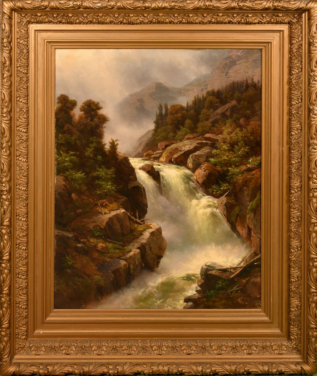 Johann Wilhelm Lindlar (1816-1896), a river in torrent with a misty mountain view beyond, oil on - Image 2 of 4