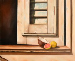 Second Half of the 20th Century, surreal study of fruit, acrylic on canvas with embellishment,