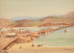 Charles Hannaford (1863-1955), view of a train on a bridge crossing a bay, watercolour, signed,