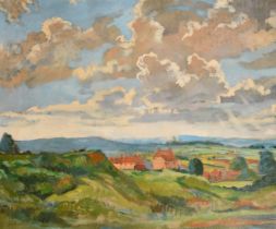 Francis Wynne Thomas (1907-1969), landscape view with low clouds, oil on canvas, signed, 25" x
