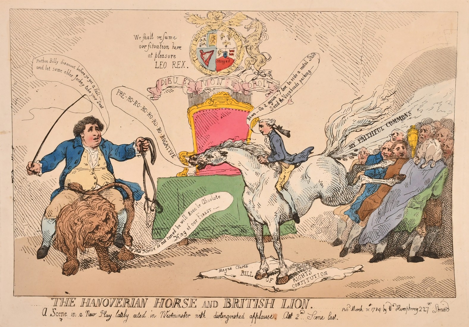 Thomas Rowlandson (1756-1827), 'The Hanoverian Horse and British Lion', hand coloured etching, plate