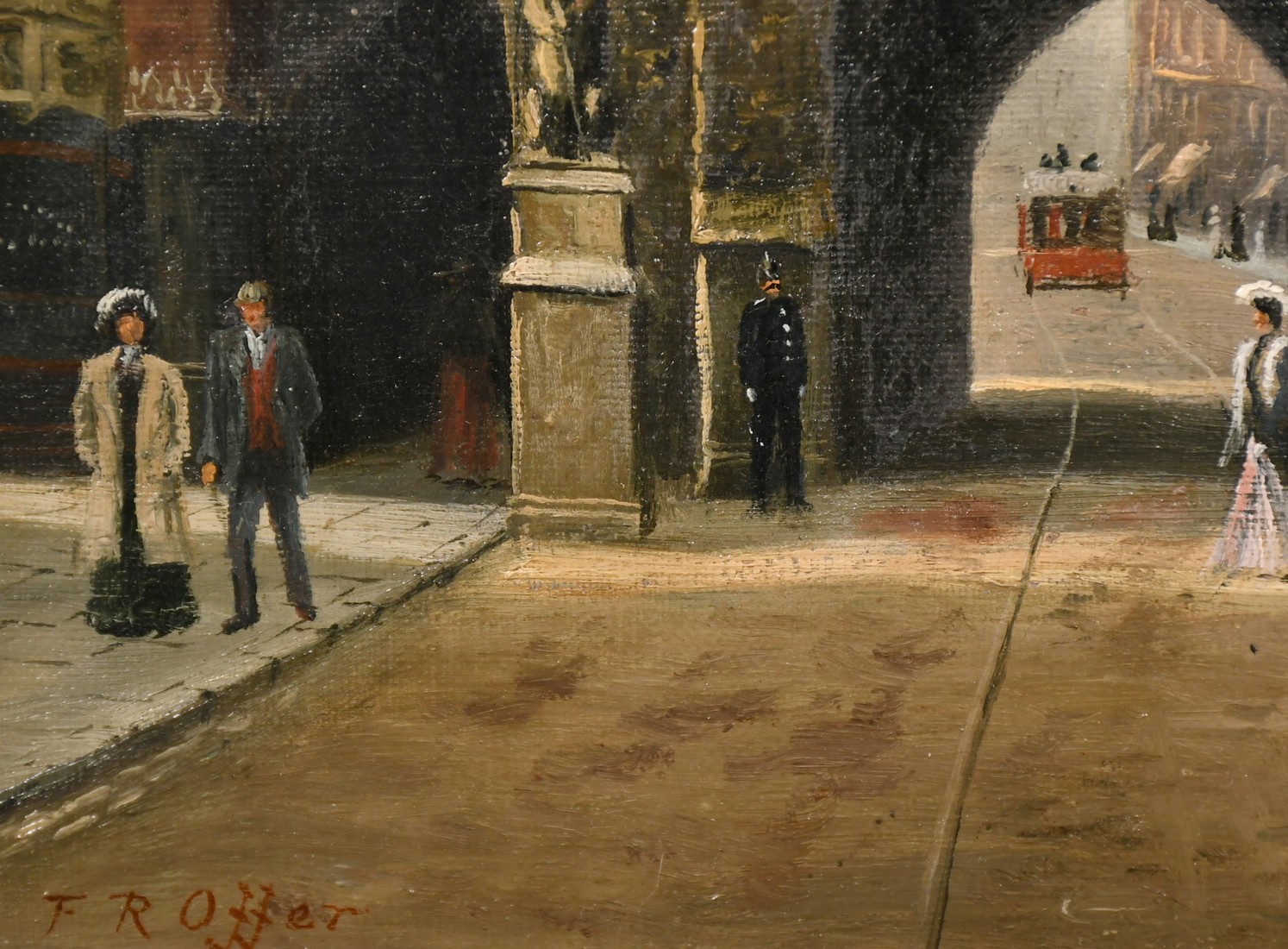 Frank Rawlings Offer (1847-1932), figures before a city arch, oil on canvas, signed, 14" x 10" (36 x - Image 3 of 4