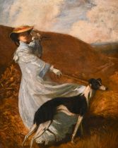 Late 19th Century English School, a female figure and her dog in a windy landscape, oil on canvas,