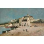 After Antonio Reyna de Manescau, figures by a quay at dusk, oil on canvas, signed S. Malic, 24" x