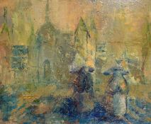 J.B.Z., Circa 1968, figures in a town courtyard, oil on board, signed with initials and dated 68,