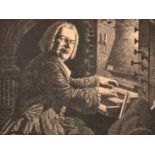 A group of four prints including one of Bach playing an organ by Oswald Charles Barrett, and one