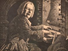 A group of four prints including one of Bach playing an organ by Oswald Charles Barrett, and one