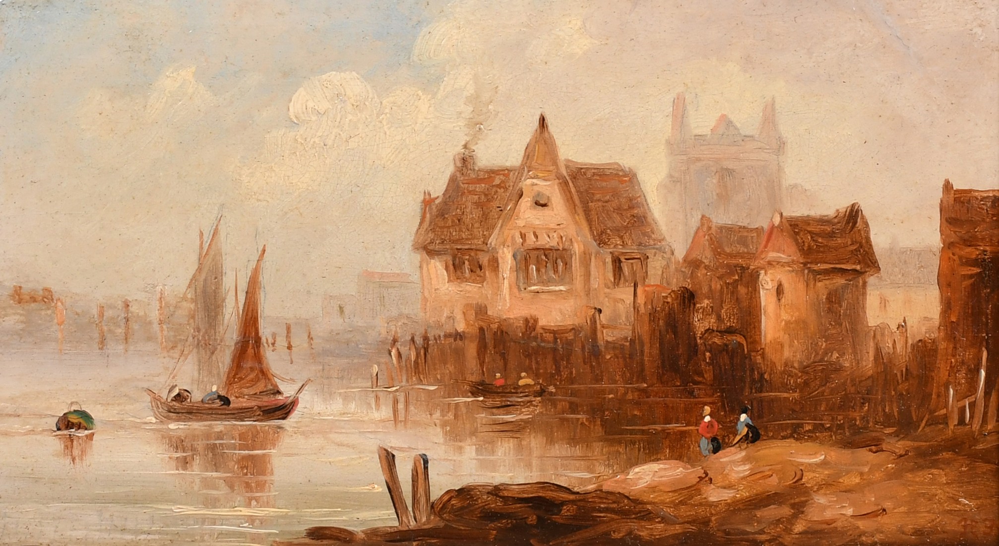 Late 19th Century English School, a pair of oil on board views of riverside towns, each signed