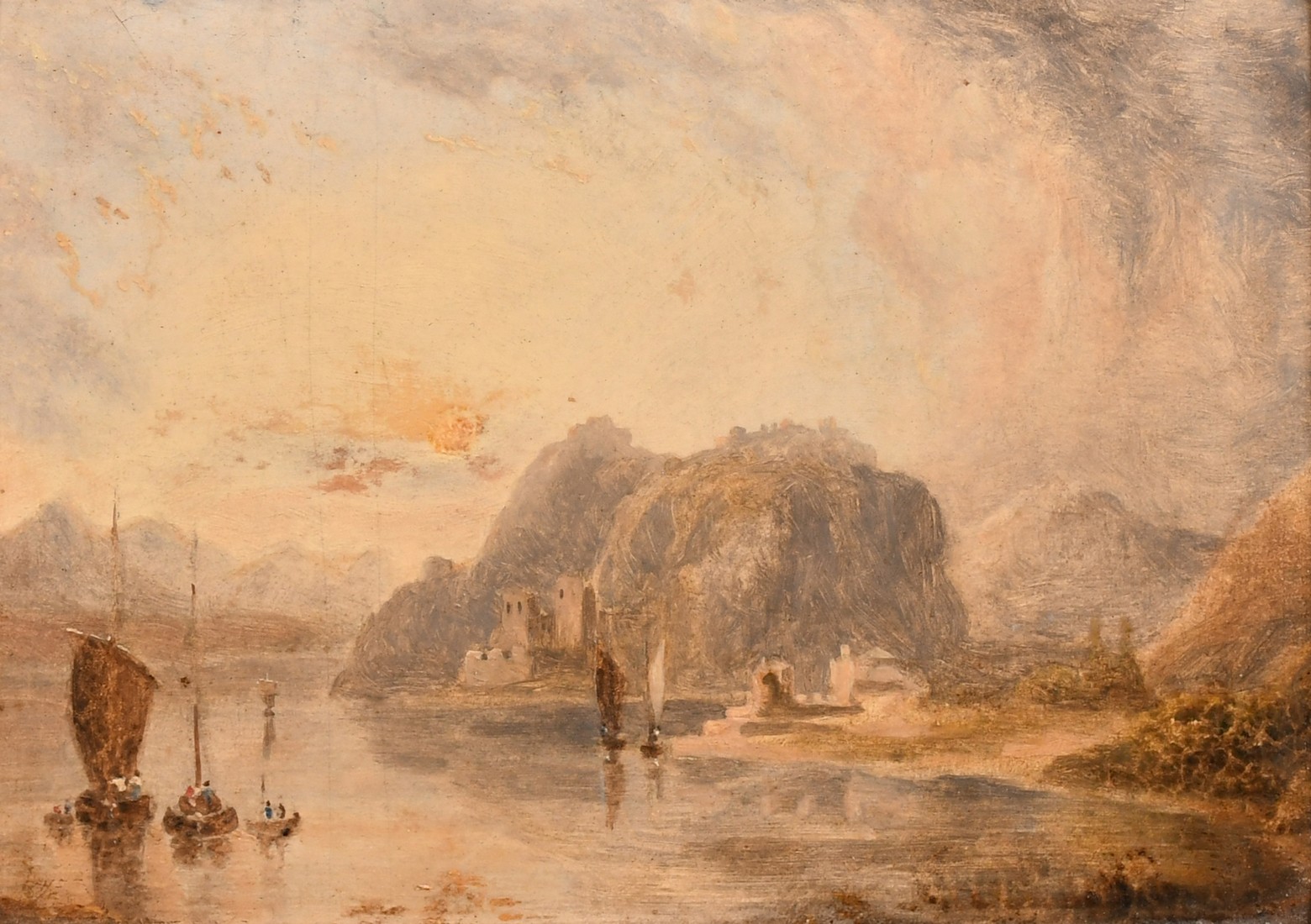 Late 19th Century English School, sailboats on a mountain lake, oil on board, 5" x 7" (12.5 x