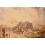 Late 19th Century English School, sailboats on a mountain lake, oil on board, 5" x 7" (12.5 x