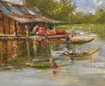 20th Century, possibly a South East Asian view of figures in traditional boats by a dwelling, oil on