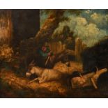 Circle of Morland, figure and two donkeys in a landscape, oil on panel, 11.75" x 13.75" (30 x 35cm),