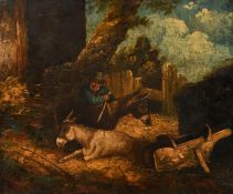 Circle of Morland, figure and two donkeys in a landscape, oil on panel, 11.75" x 13.75" (30 x 35cm),