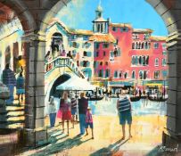 Mike Bernard (b. 1957), 'Archway, Rialto Bridge, Venice', mixed media, mostly oil and collage,