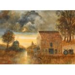 20th Century British School, a watermill by moonlight, watercolour, signed with initials, P.M. and