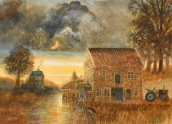 20th Century British School, a watermill by moonlight, watercolour, signed with initials, P.M. and