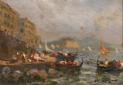 Italian School, Circa 1900, a pair of oil on panel scenes of boats in the bay of Naples,