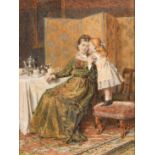 George Goodwin Kilburne (1839-1924), mother and child taking tea in an interior, watercolour,
