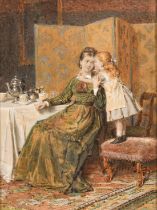 George Goodwin Kilburne (1839-1924), mother and child taking tea in an interior, watercolour,