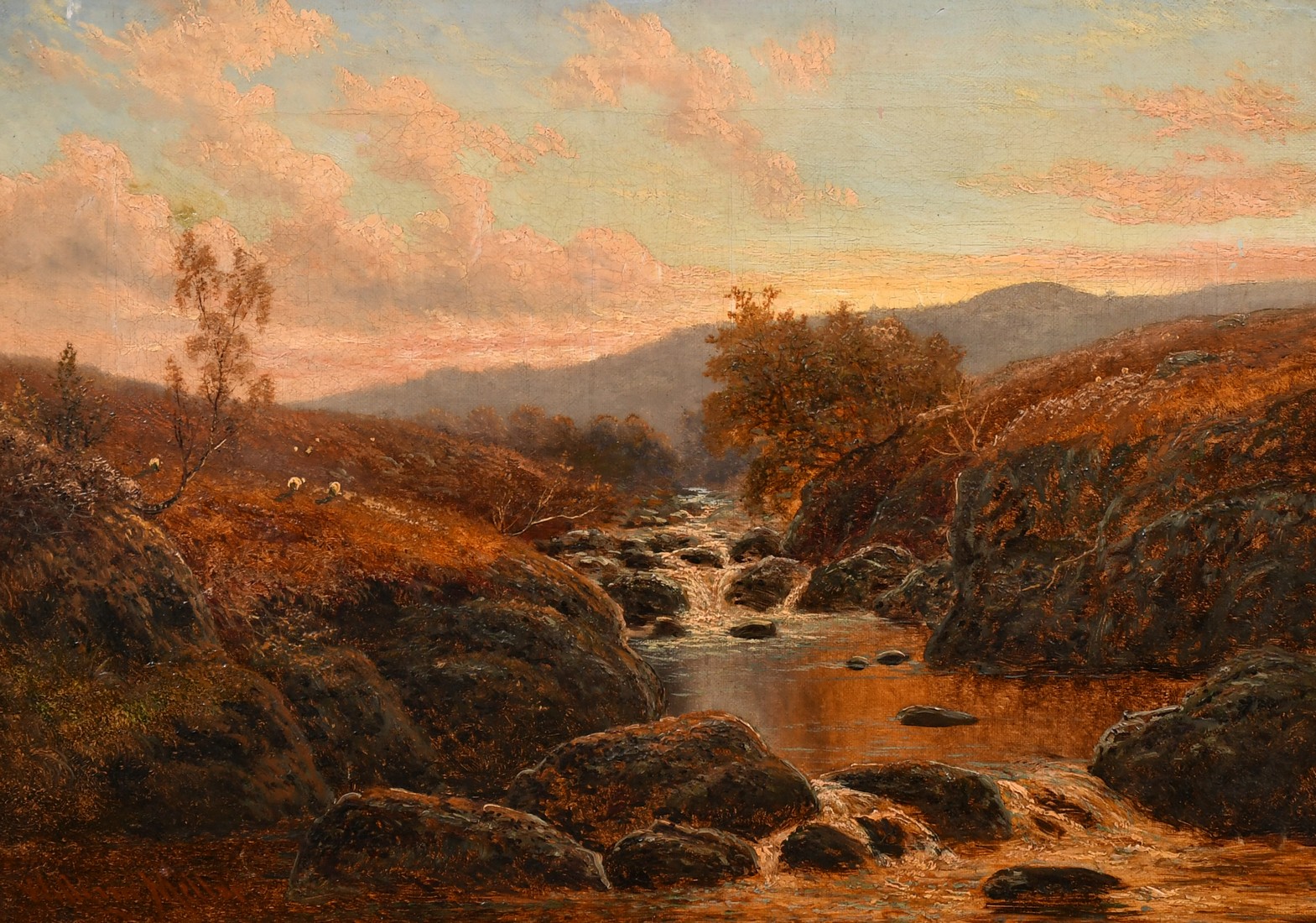 William Mellor (1851-1931), a mountain river view at dusk, oil on canvas, signed, 12.5" x 17.5" (