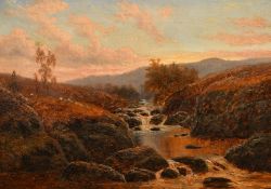 William Mellor (1851-1931), a mountain river view at dusk, oil on canvas, signed, 12.5" x 17.5" (